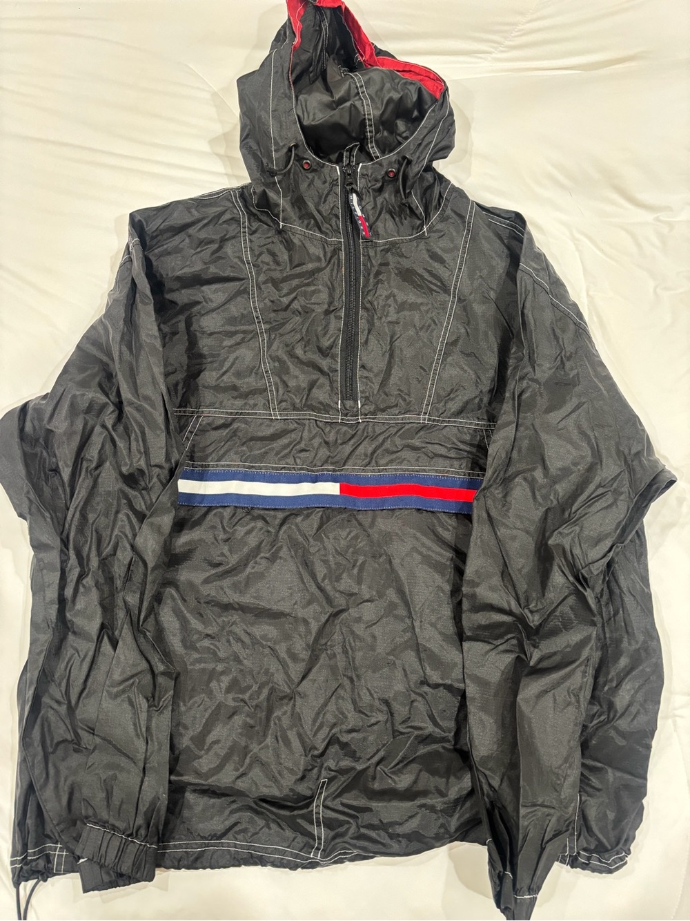 Tommy Hilfiger Black Pullover Windbreaker with Red & Blue Stripe